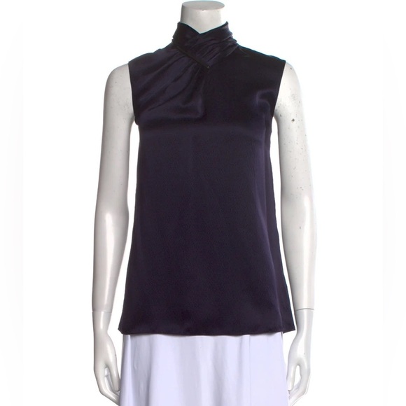 JASON WU  Sleeveless Mock Neck 100% Silk Top Navy Blue Sleeveless Gold Bar 4 - Picture 1 of 15